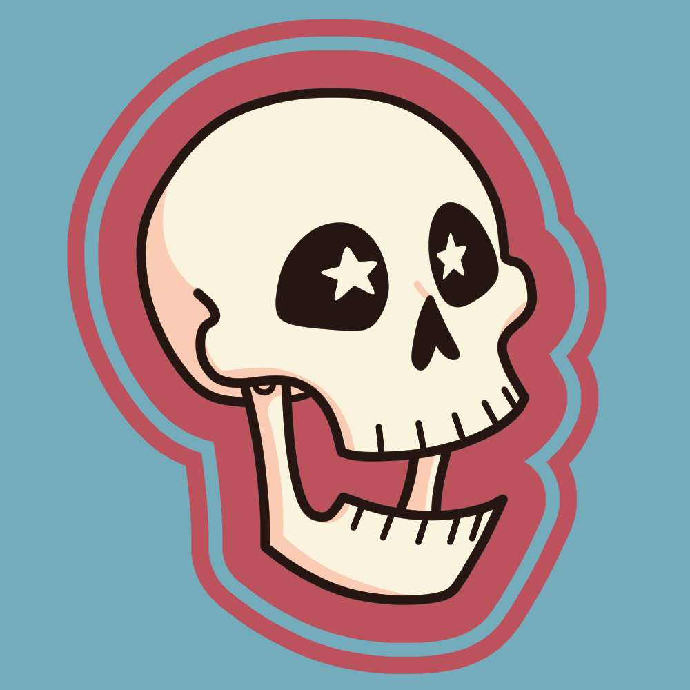 The Friendo Today logo: a laughing skull with stars in its eyes.